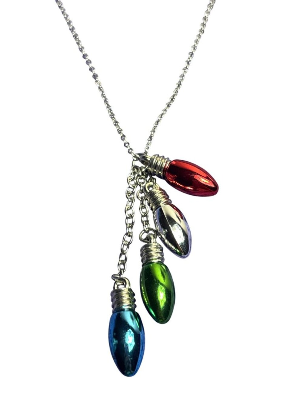 Colorful Plastic Christmas Lights Dangle Pendant Necklace Silvertone Chain